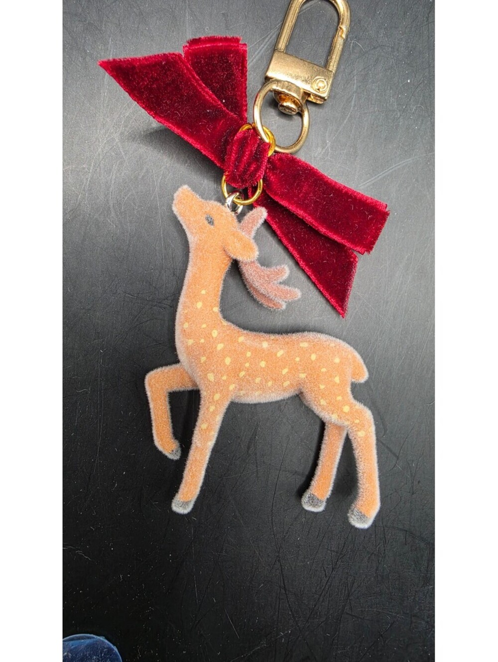 Velvet Bow Flocked Reindeer Keychain Charm Accessory